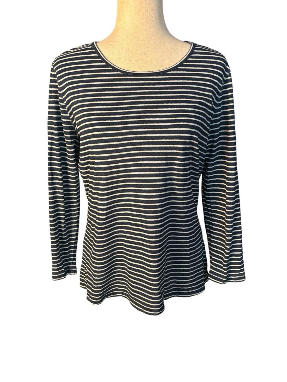 J McLAUGHLIN Womens Blue Striped Cotton Casual Blouse Size Large 3/4 Sleeve